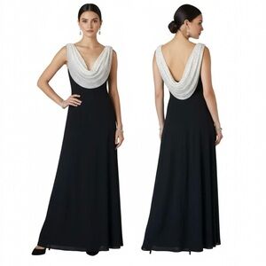 CACHET Sleeveless Beaded Cowl Neck Long Formal Dress Size 6 Black Ivory NEW